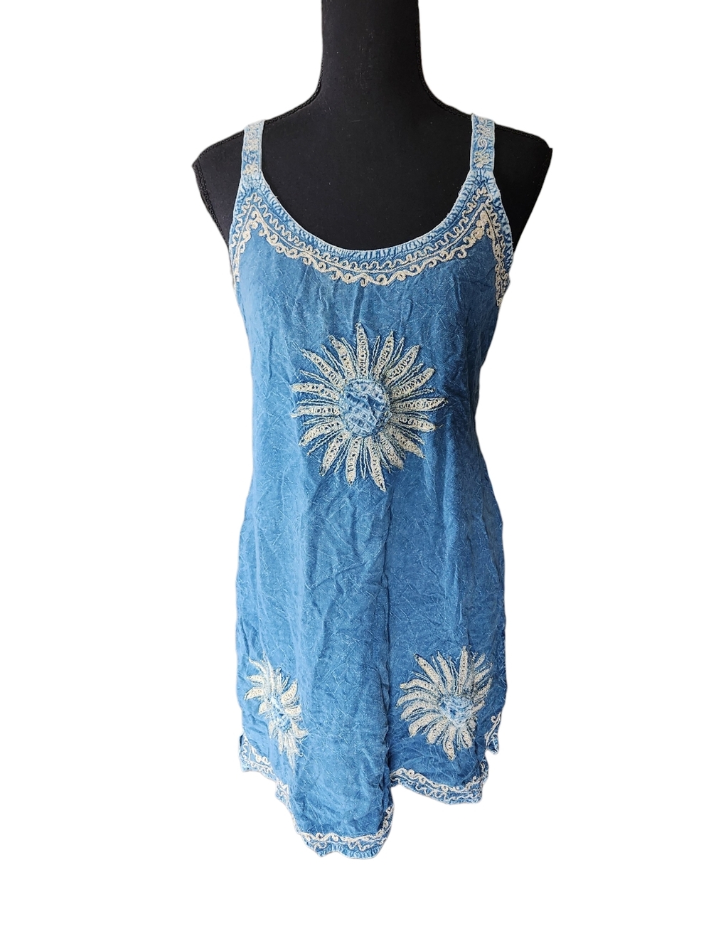 Vintage 90s Cleopatra Floral Chambray Mini Dress Tie Back Sz M